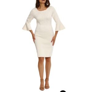 London Times VALORIA KNIT DRESS WITH BELL SLEEVES & PEARL DETAILING S-WHITE NWT